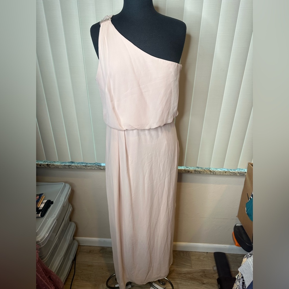 Adrianna Papell one-shoulder chiffon gown rhinestone detail nude/blush Size 14